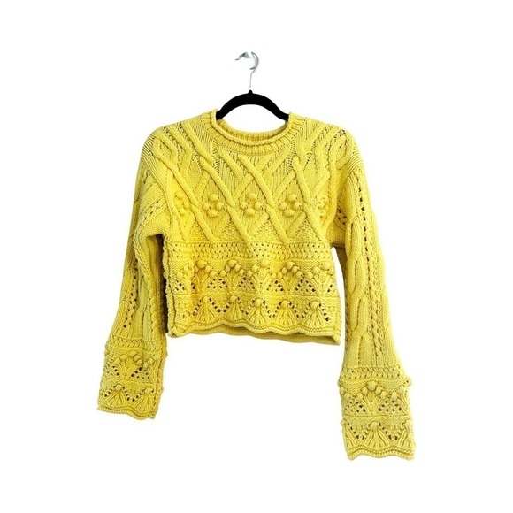 NWT ZARA Pom Pom Knit Yellow Cropped Sweater Sz S - Picture 2 of 8